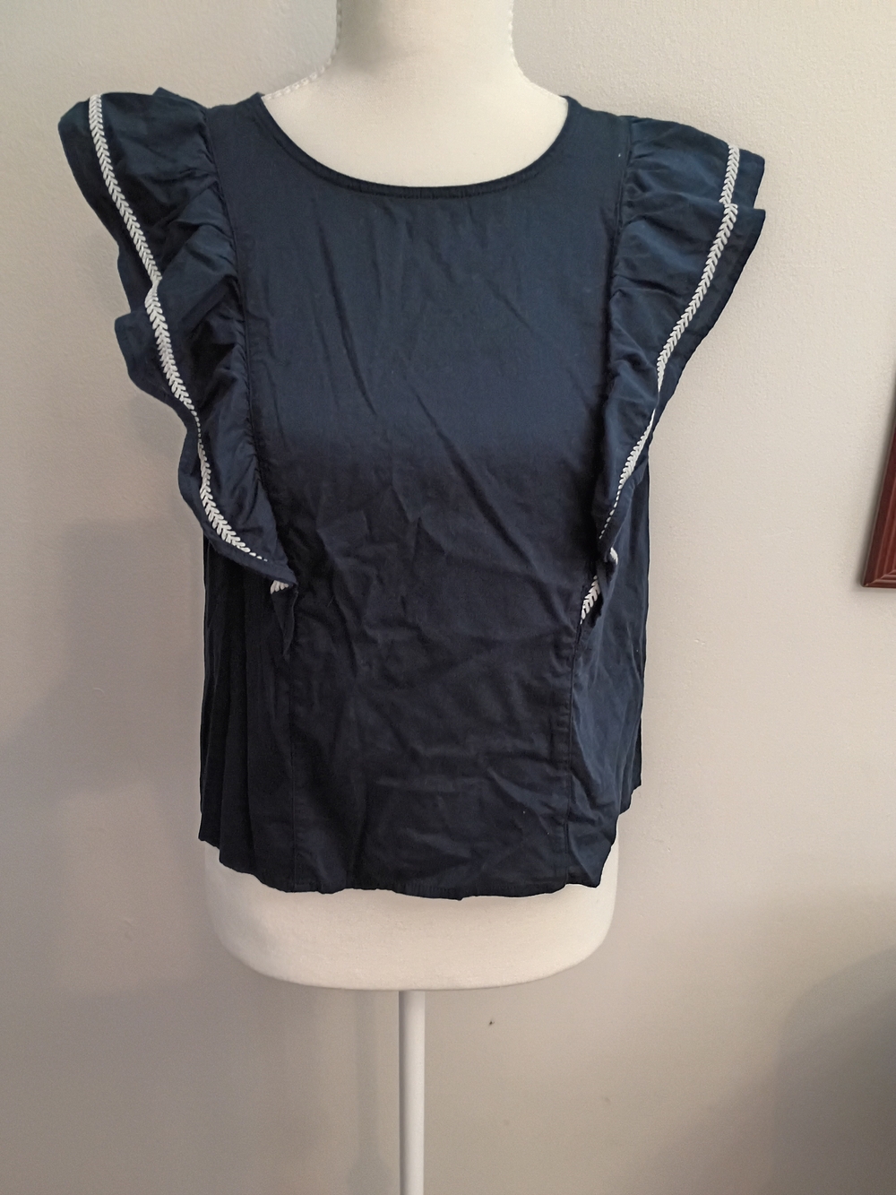 Banana Republic Factory Navy Ruffle Sleeve Blouse with White Trim